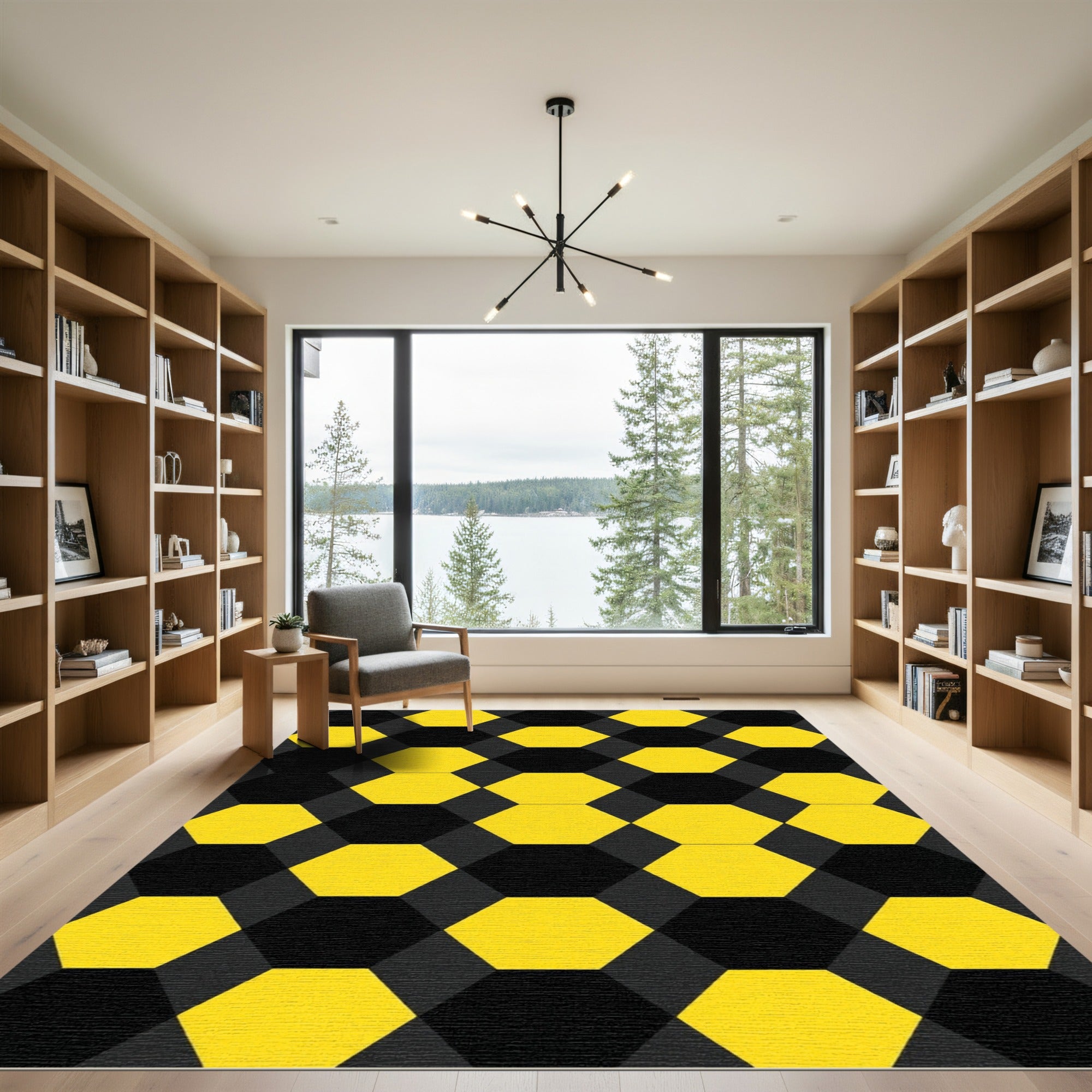 Bold Yellow and Black Geometric Hexagon Rug