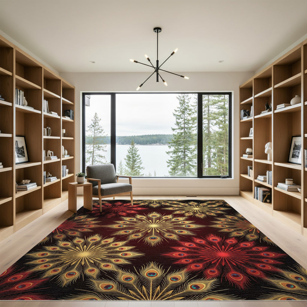 Golden Peacock Feather Mandala Medallion Rug