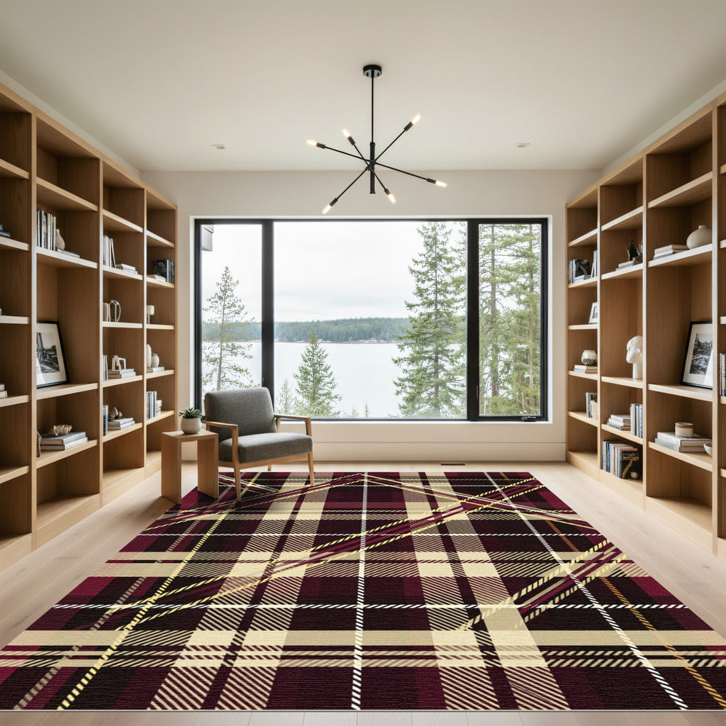 Deep Burgundy Yellow Plaid Lines Rug
