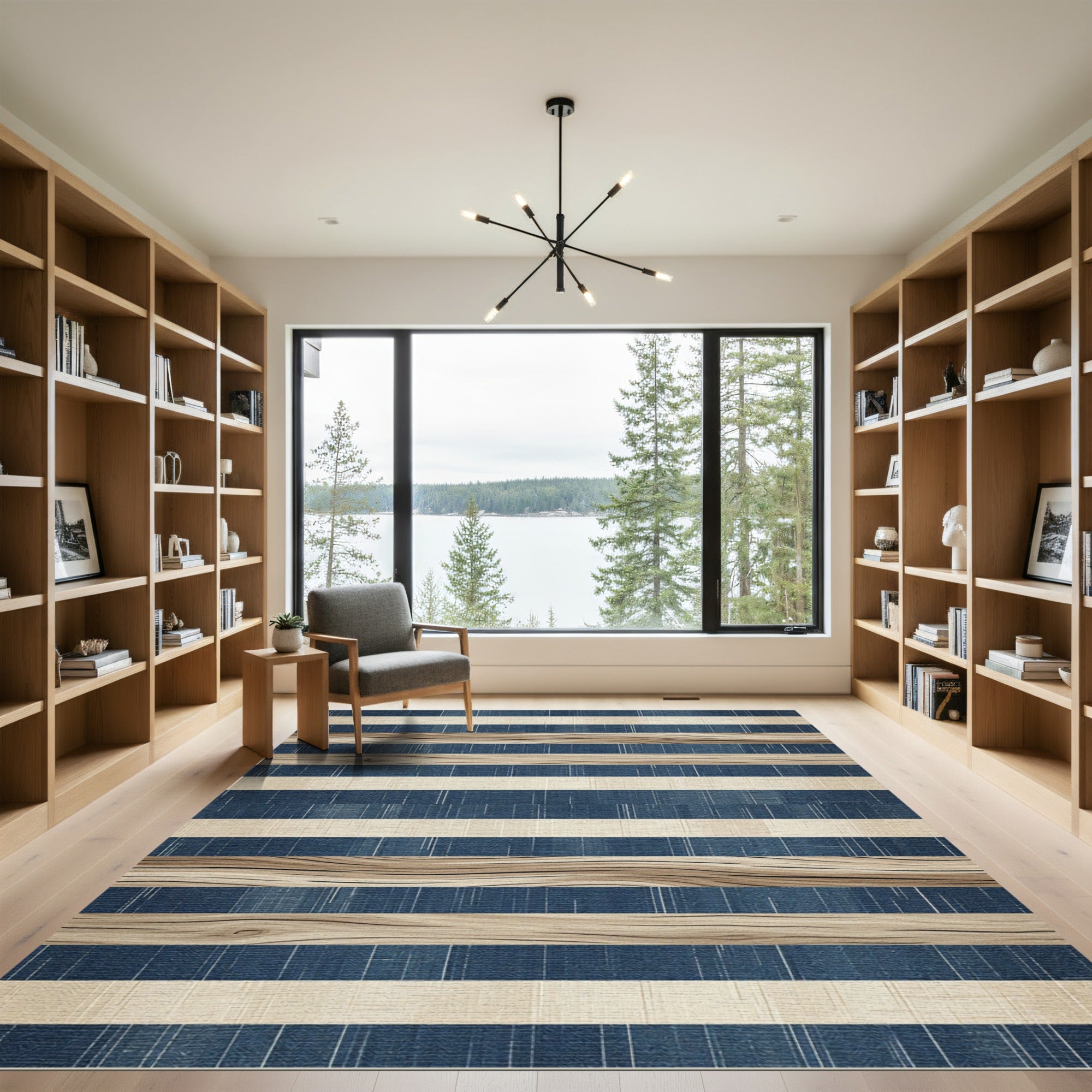 Textured Indigo and Wood Grain Stripe Rug