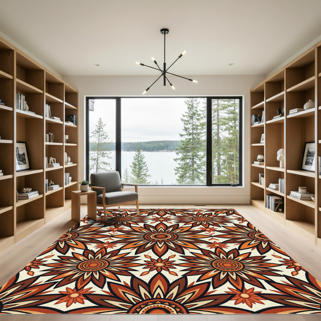 Autumnal Terracotta Floral Sunburst Medallion Rug