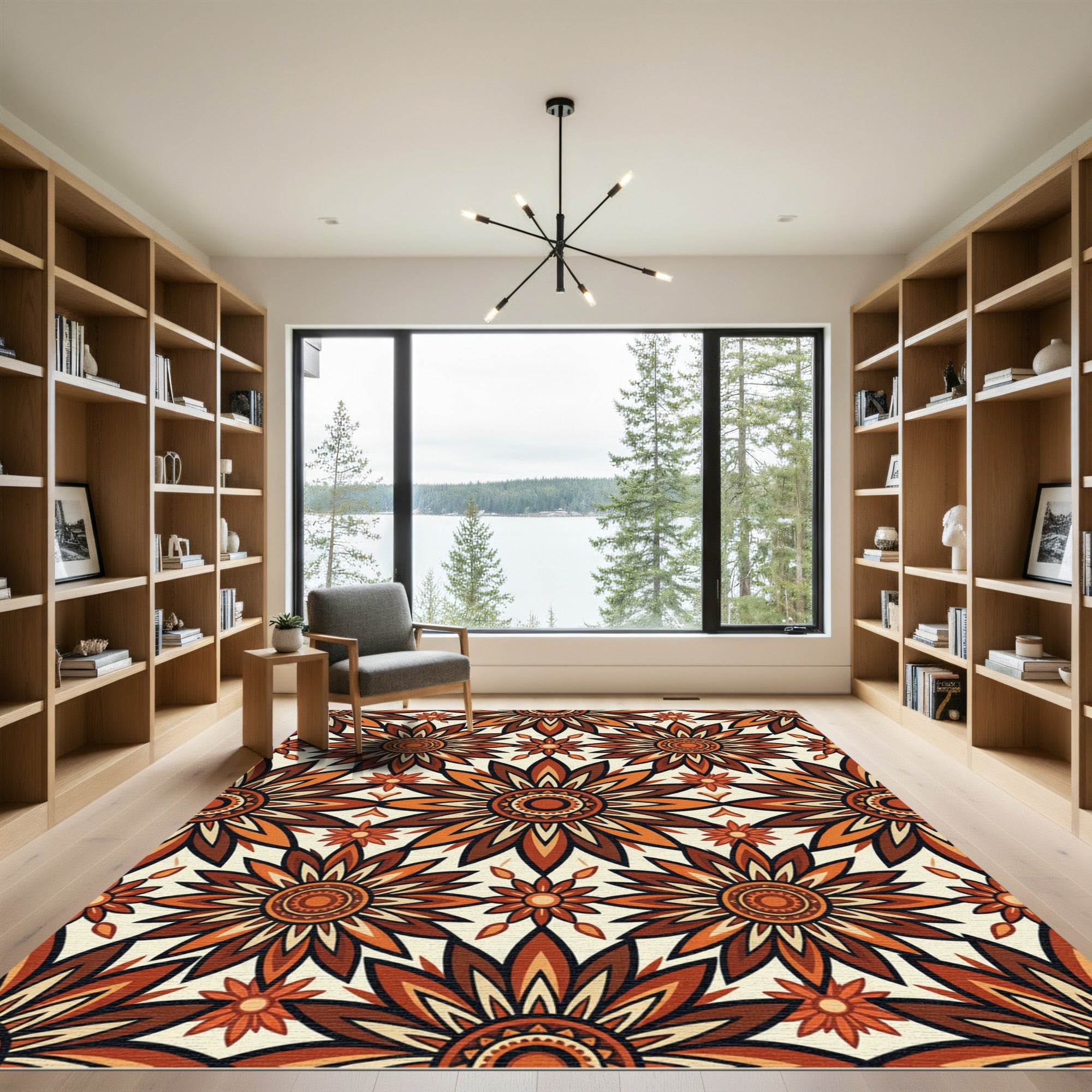 Autumnal Terracotta Floral Sunburst Medallion Rug