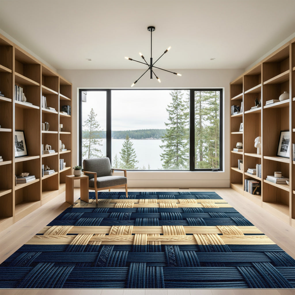 Blue and Cream Woven Geometric Lattice Rug