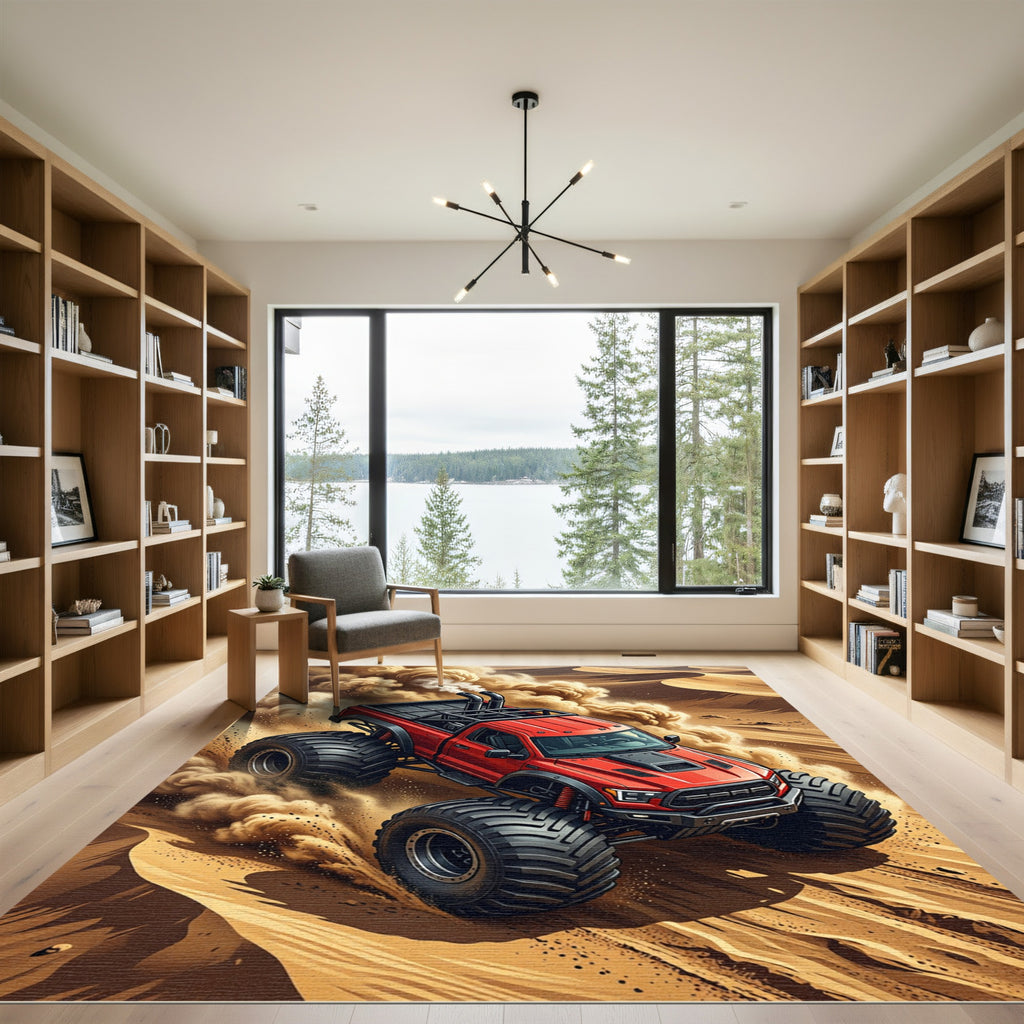 Dynamic Red Monster Truck Desert Rally Rug