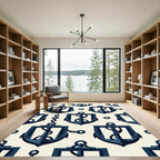 Navy Nautical Shield Anchor Grid Rug