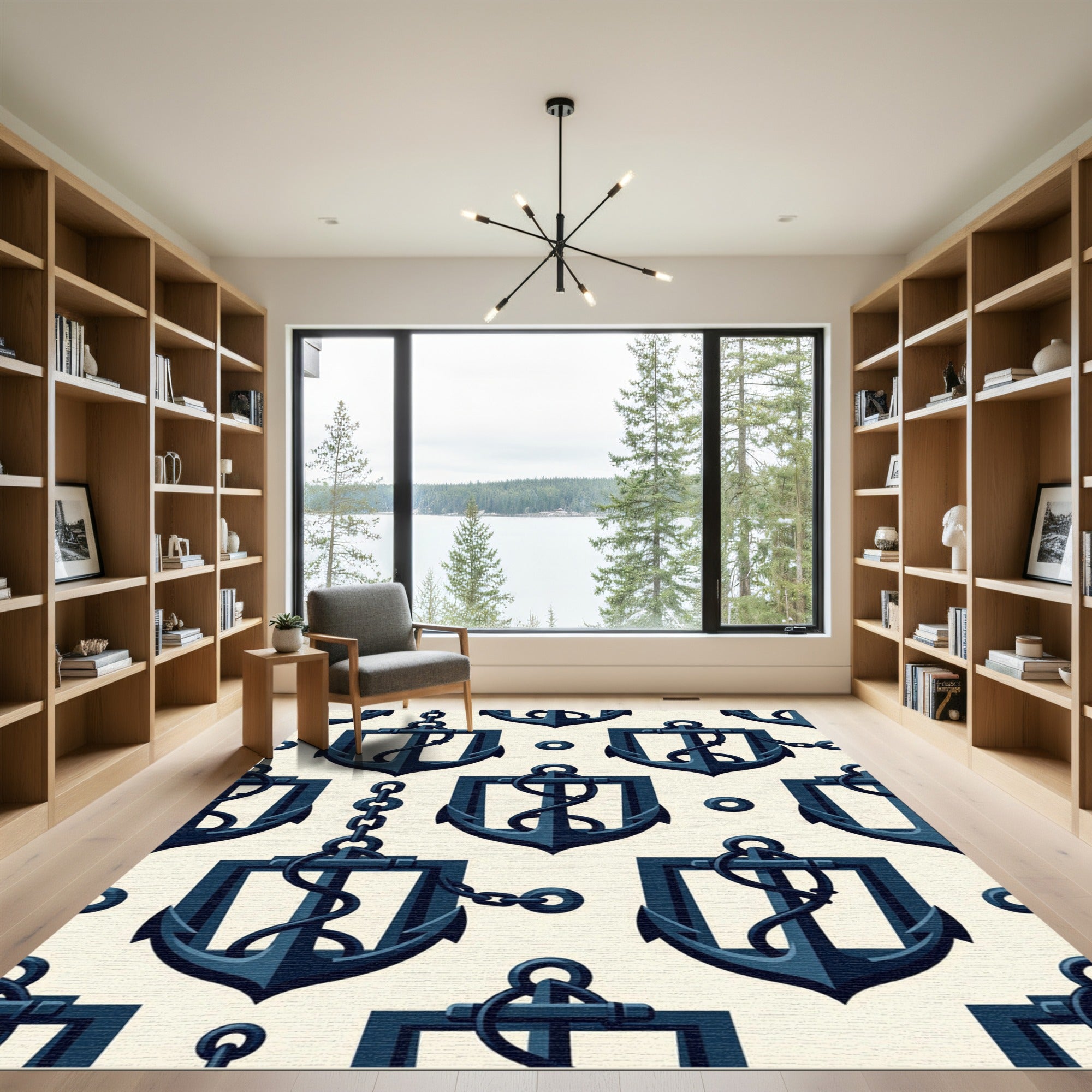 Navy Nautical Shield Anchor Grid Rug