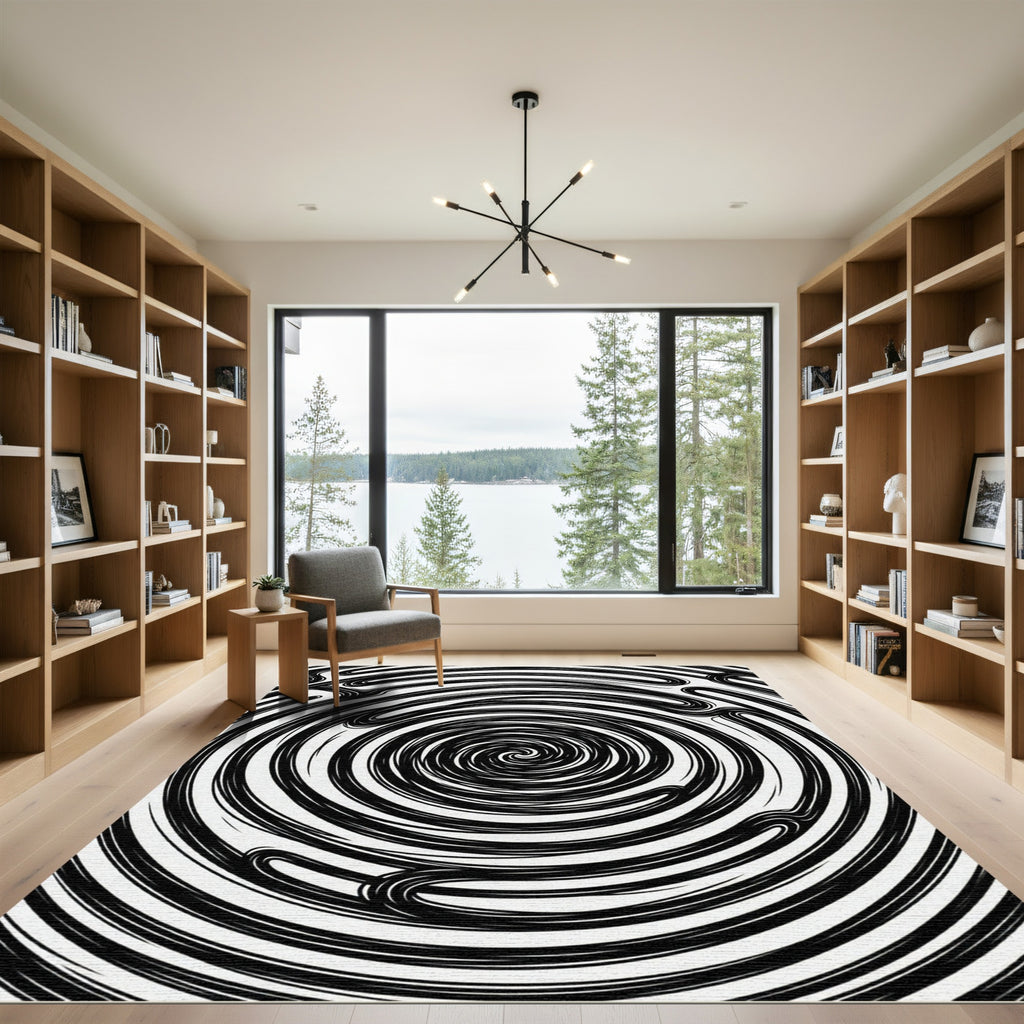 Minimalist Black and White Hypnotic Swirl Rug