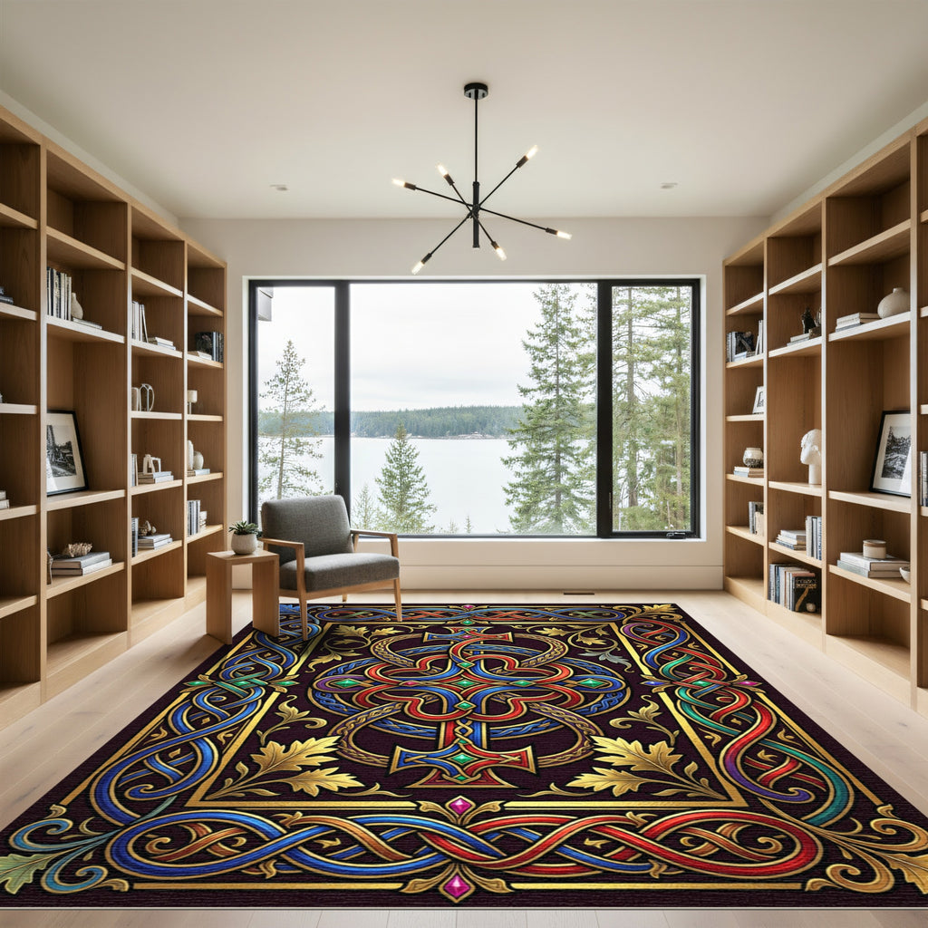 Ornate Celtic Knotted Gold Crimson Cross Rug