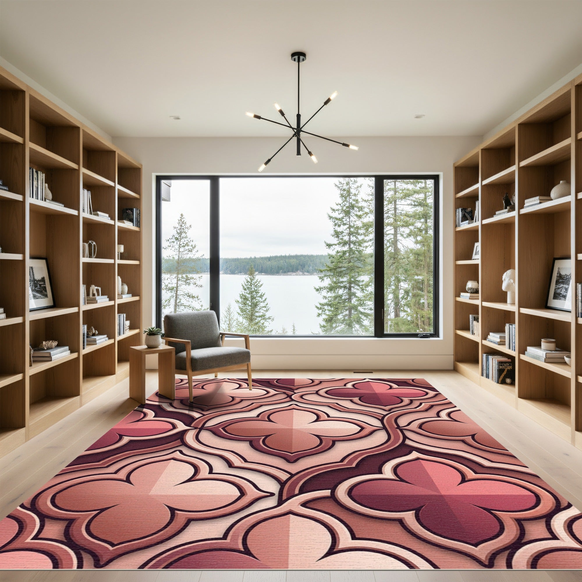 Symmetrical Geometric Dusty Rose Tile Rug