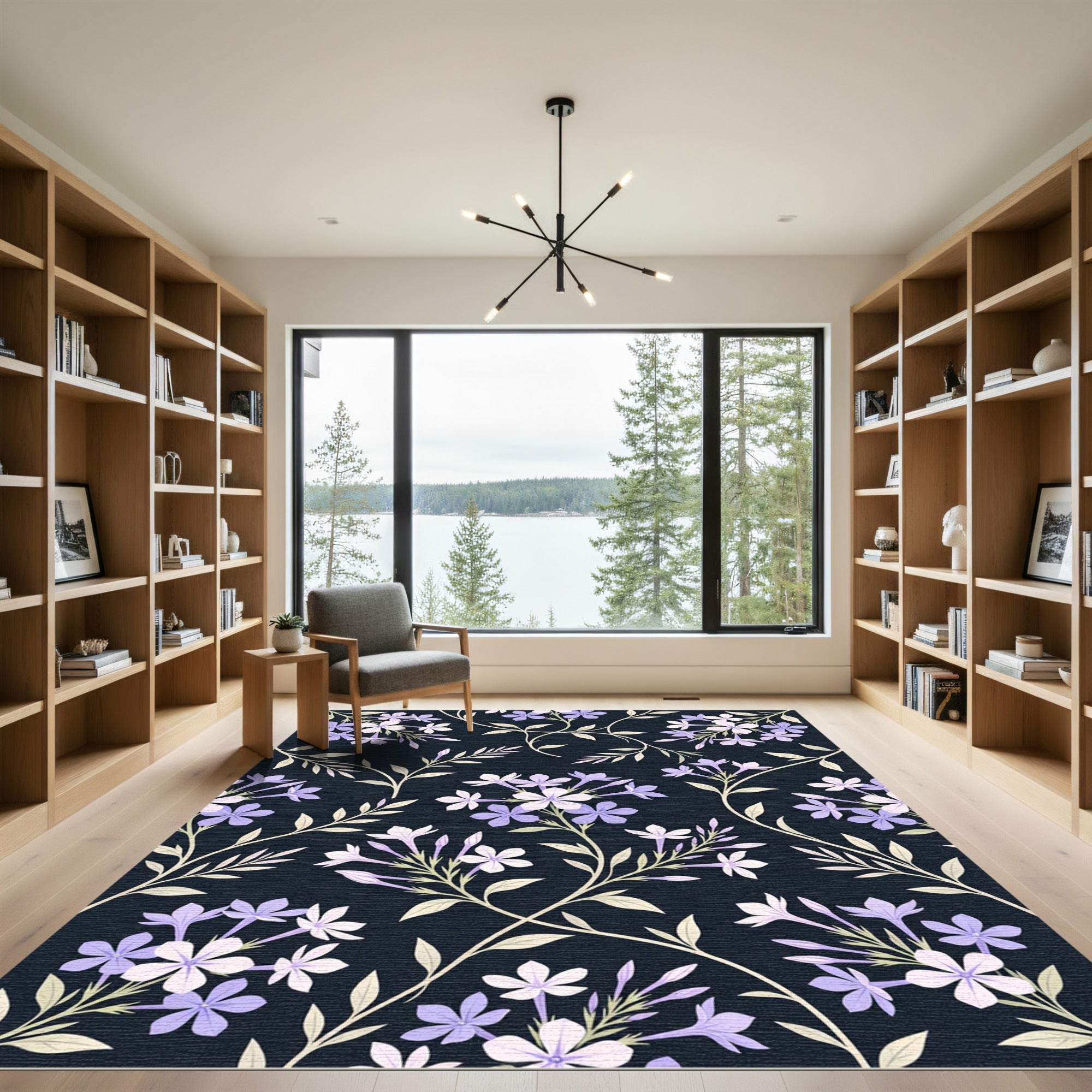 Elegant Lavender Floral Midnight Meadow Rug