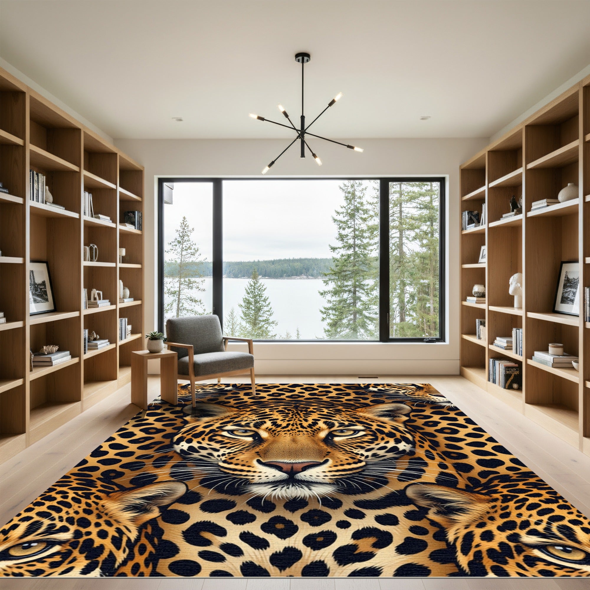 Golden Leopard Face Geometric Texture Rug