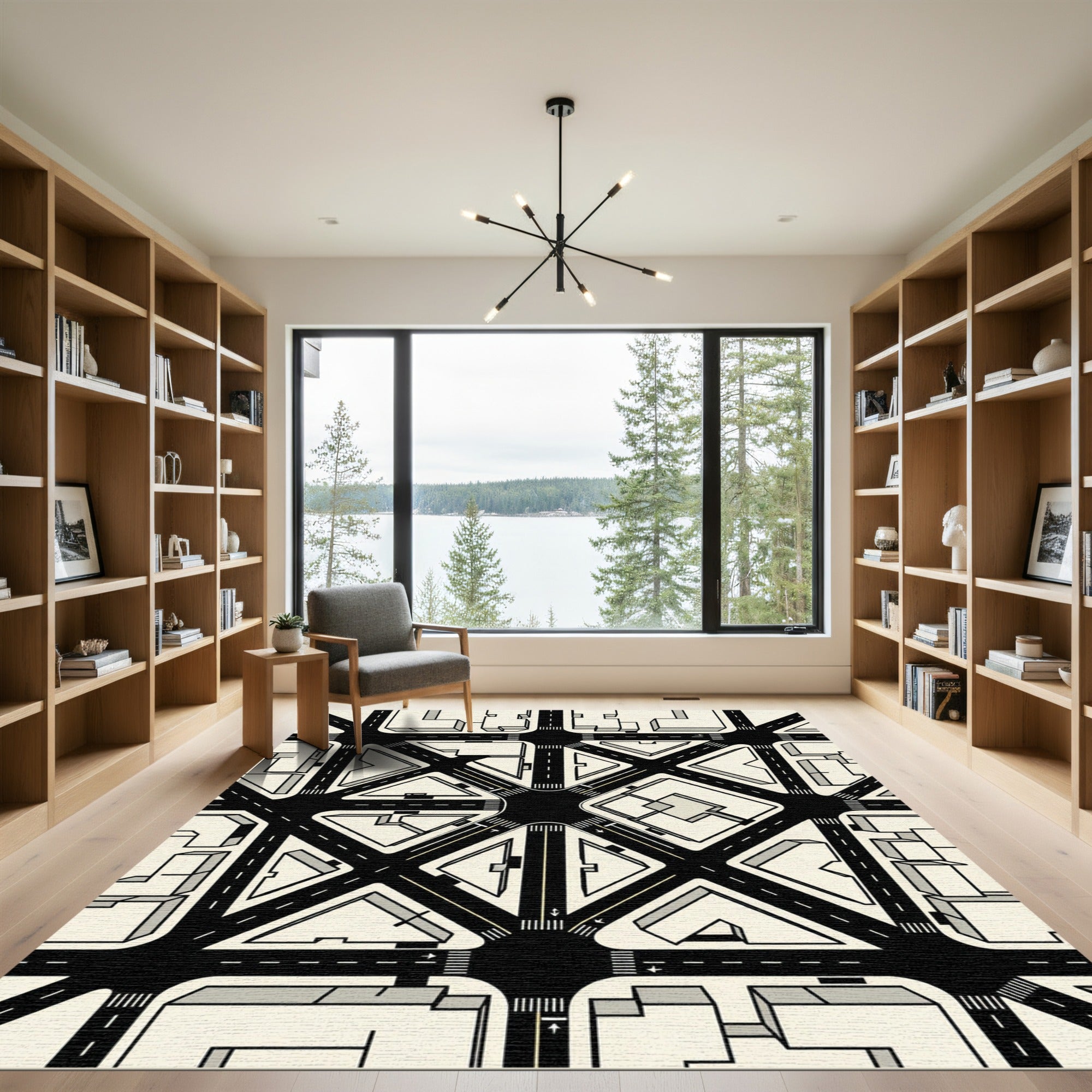 Monochrome Geometric Urban Grid Map Rug