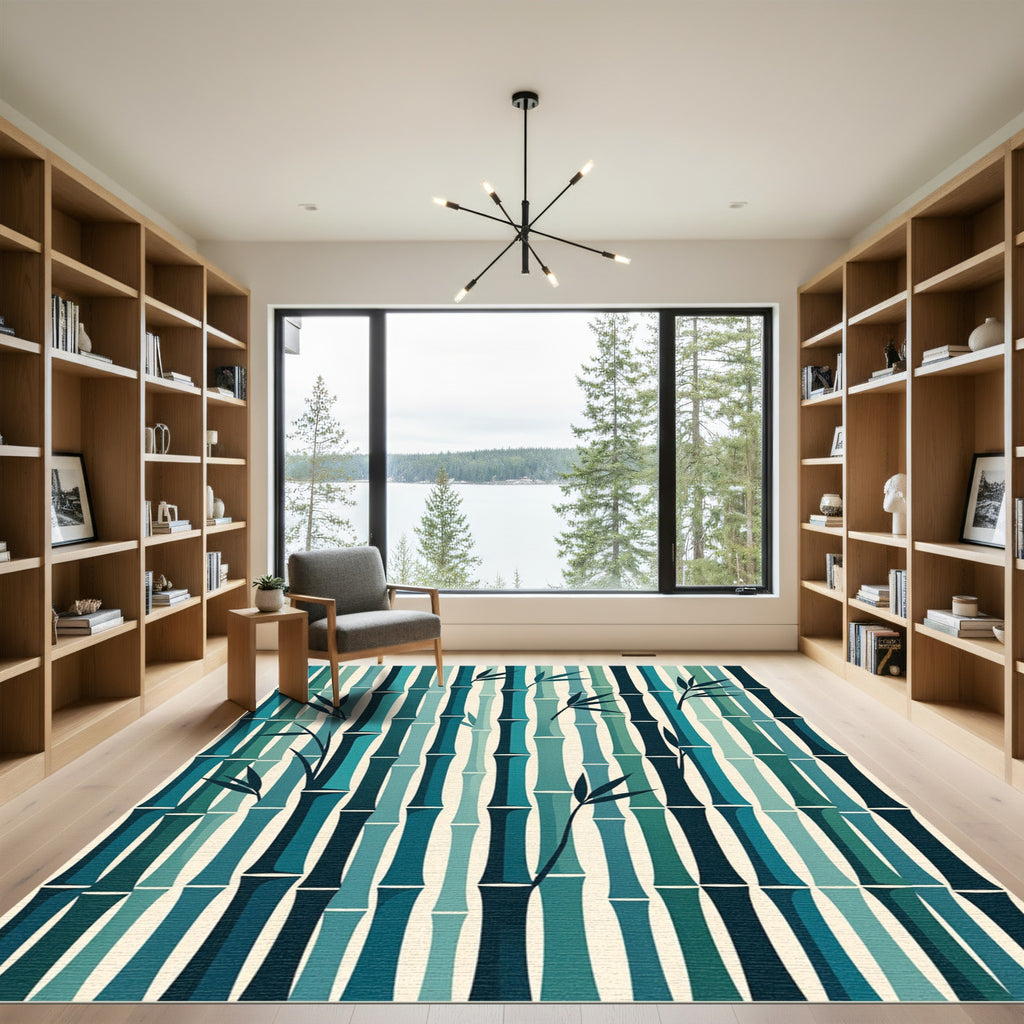Teal Blues Vertical Bamboo Forest Rug