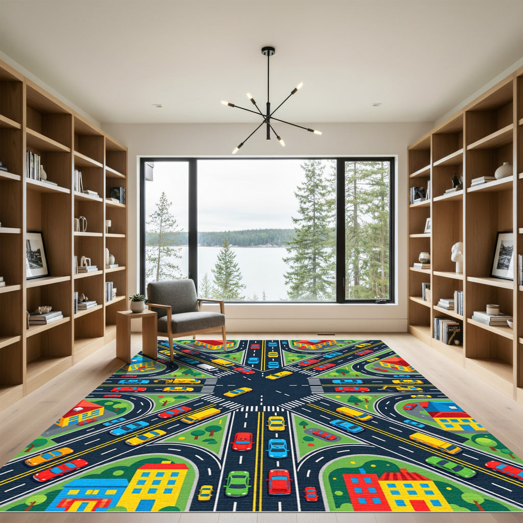 Vibrant Isometric City Traffic Intersection Grid Rug