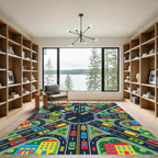 Vibrant Isometric City Traffic Intersection Grid Rug