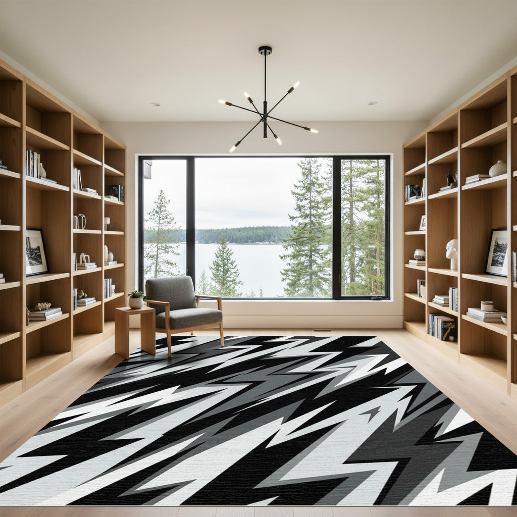 Monochrome Lightning Bolt Geometric Abstract Rug