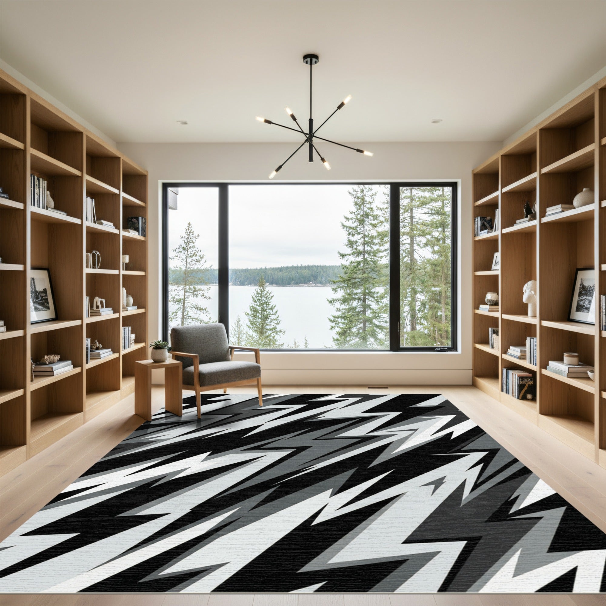 Monochrome Lightning Bolt Geometric Abstract Rug