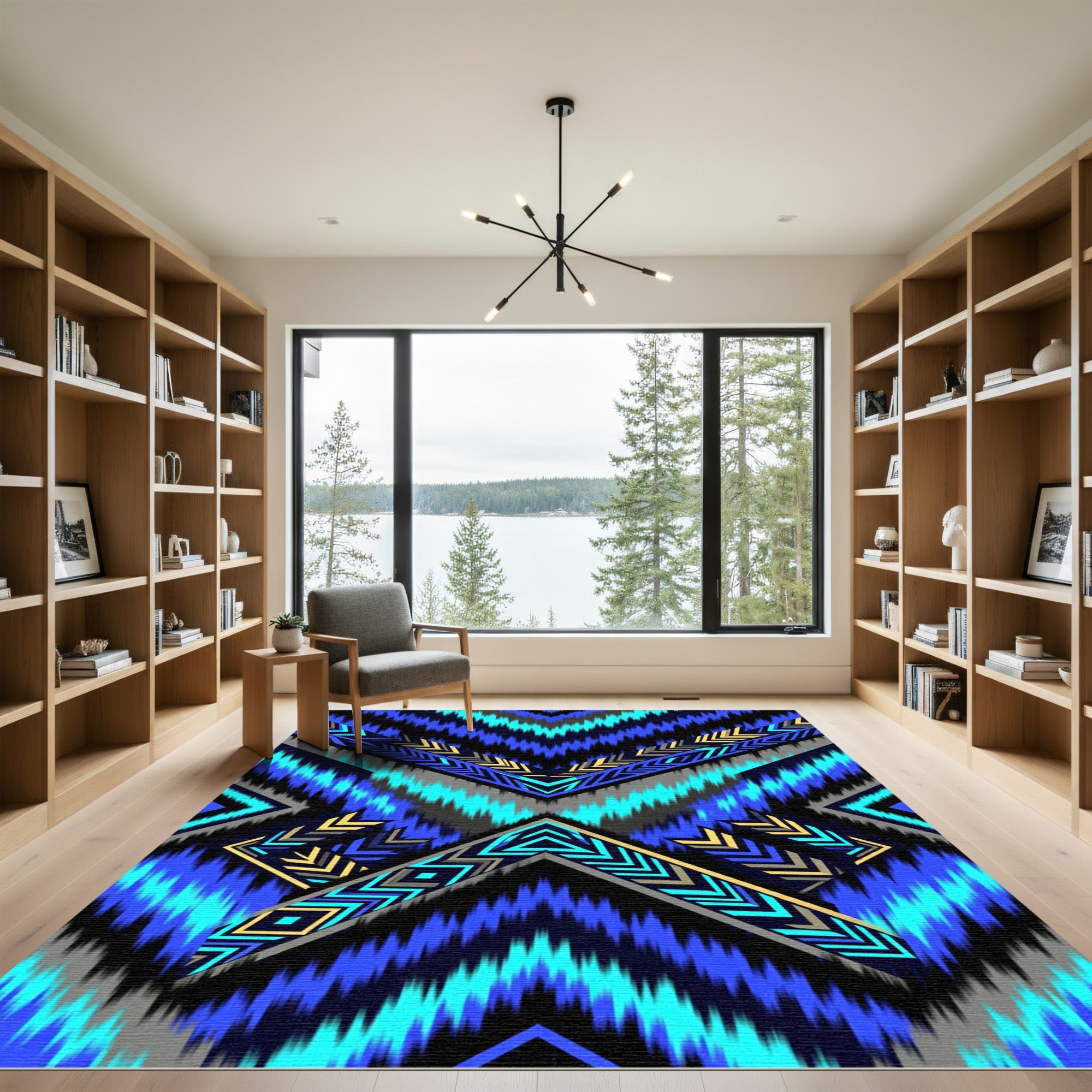 Electric Blue Geometric Chevron Ikat Rug