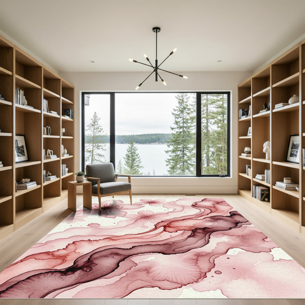 Ethereal Pink Cherry Blossom Watercolor Flow Rug