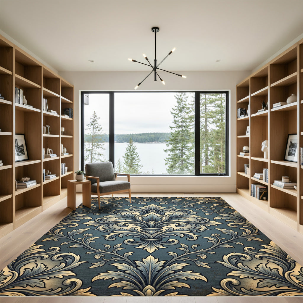 Ornate Blue Damask Vintage Scroll Rug