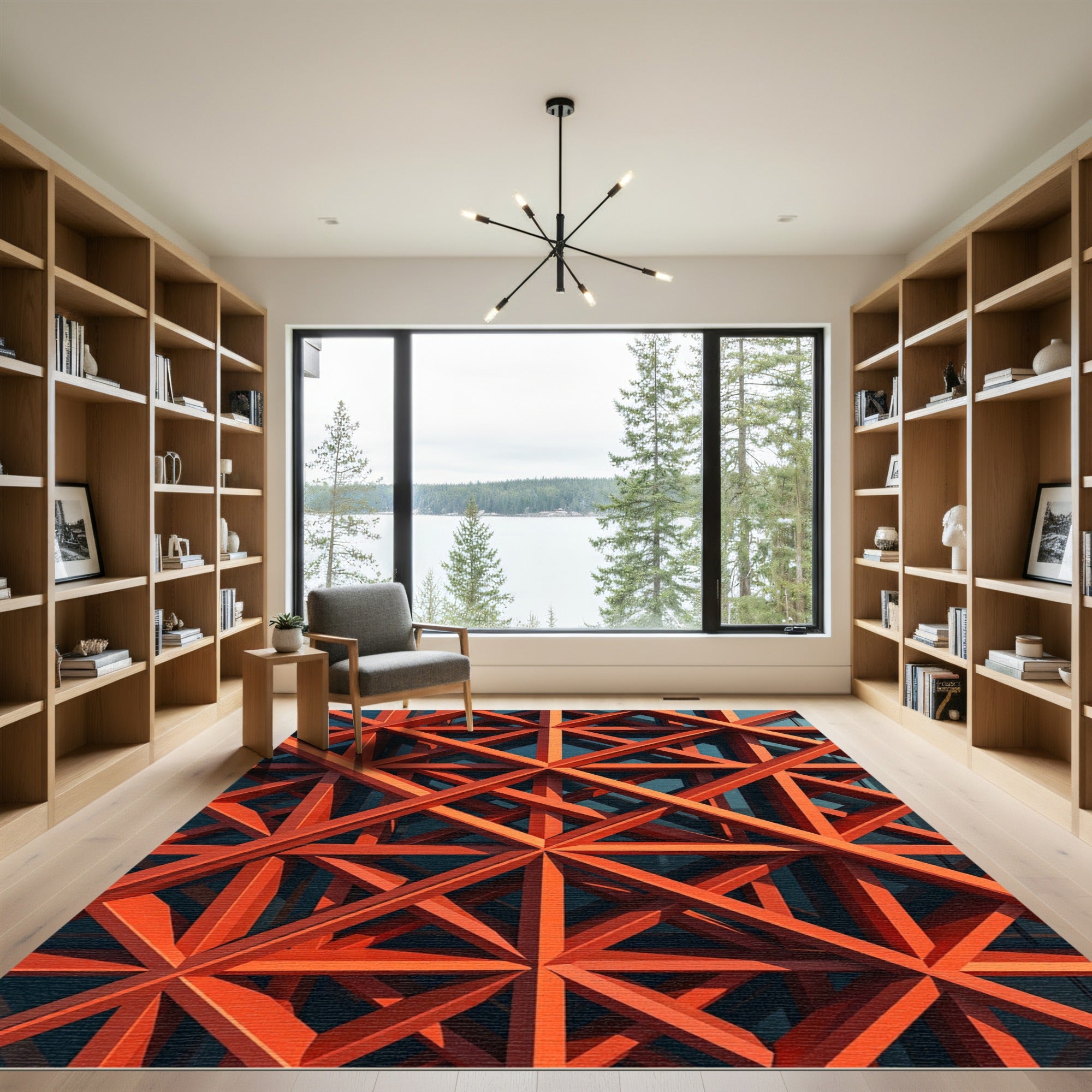Bold Tangerine Geometric Lattice Grid Rug