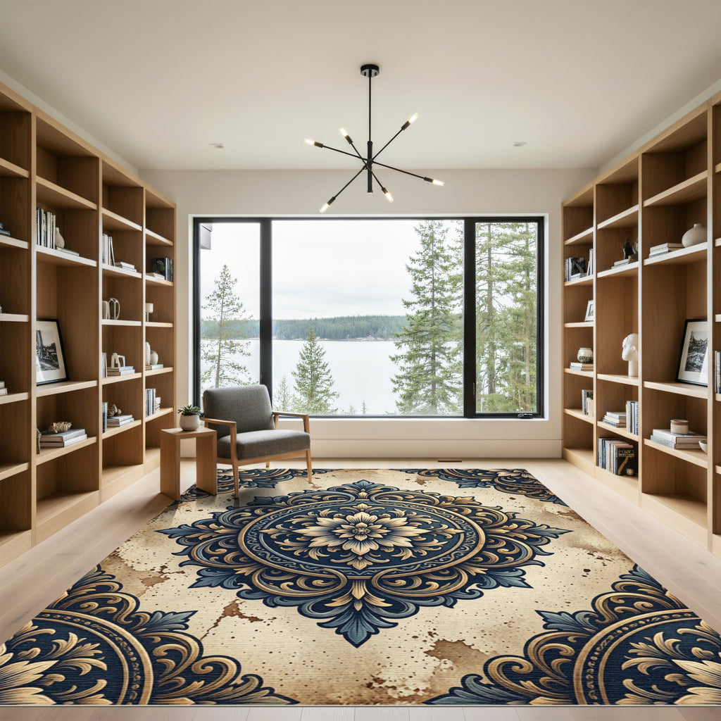Ornate Dark Blue Golden Floral Medallion Rug