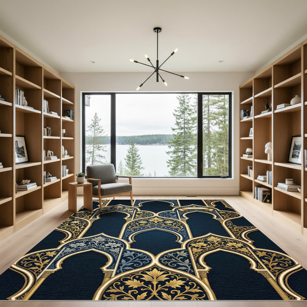 Elegant Gold Arch Royal Blue Tapestry Rug