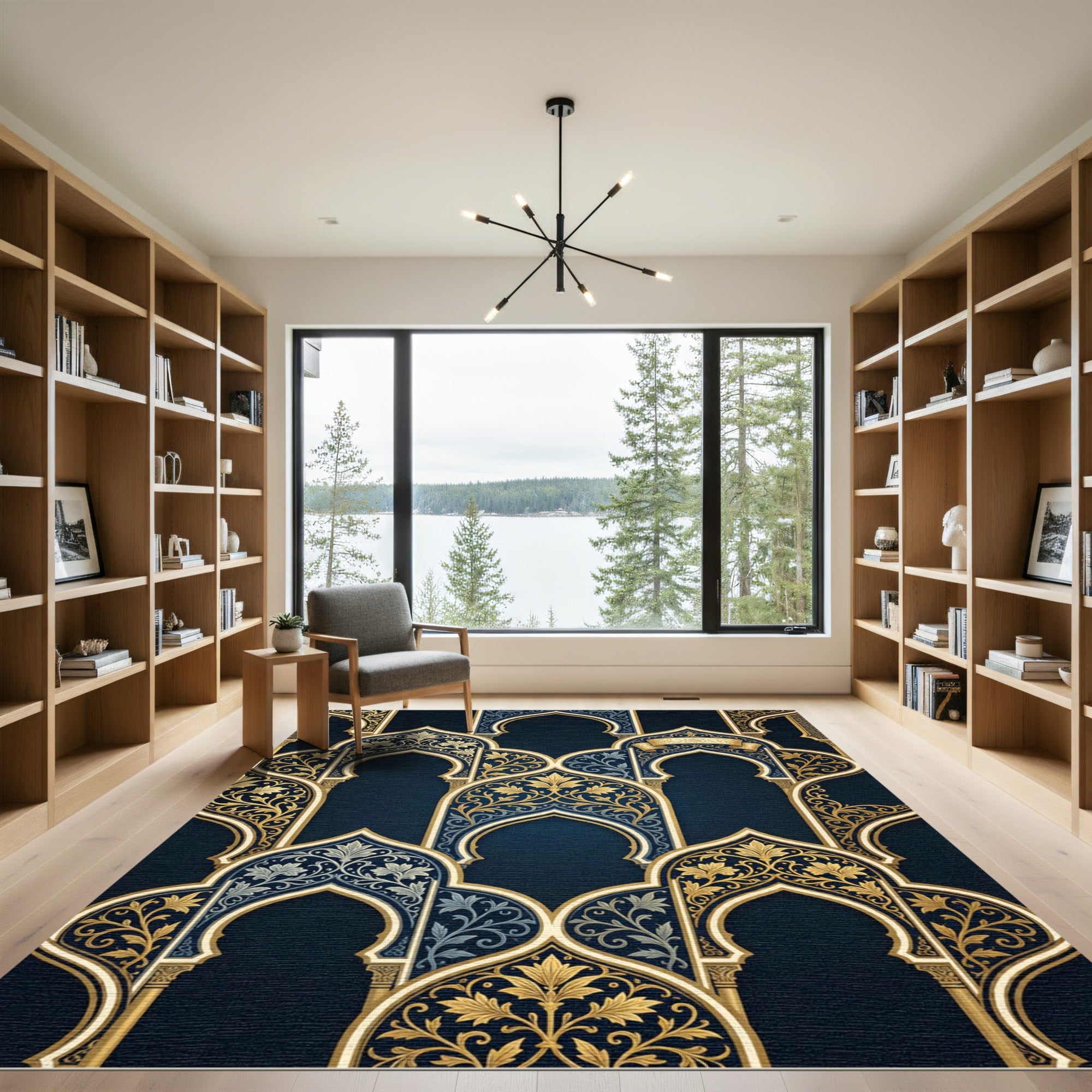 Elegant Gold Arch Royal Blue Tapestry Rug