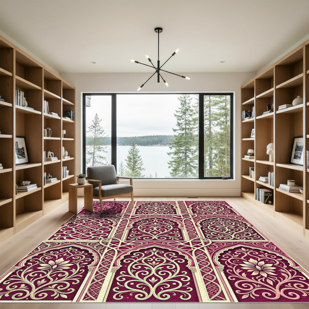 Ornate Burgundy Floral Damask Arch Rug