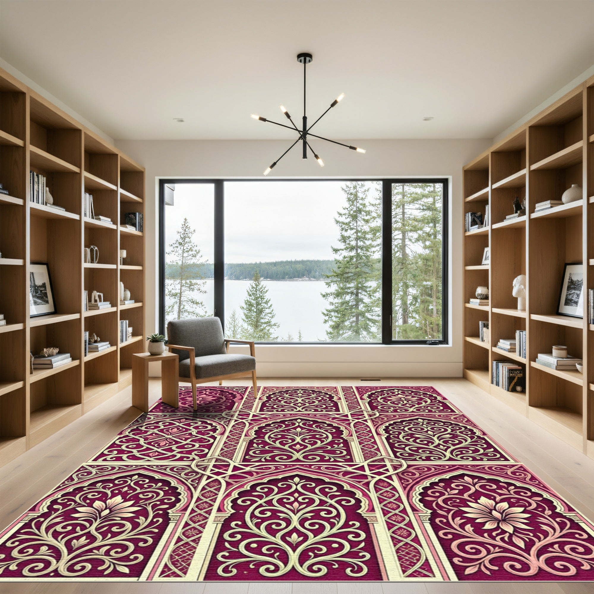 Ornate Burgundy Floral Damask Arch Rug