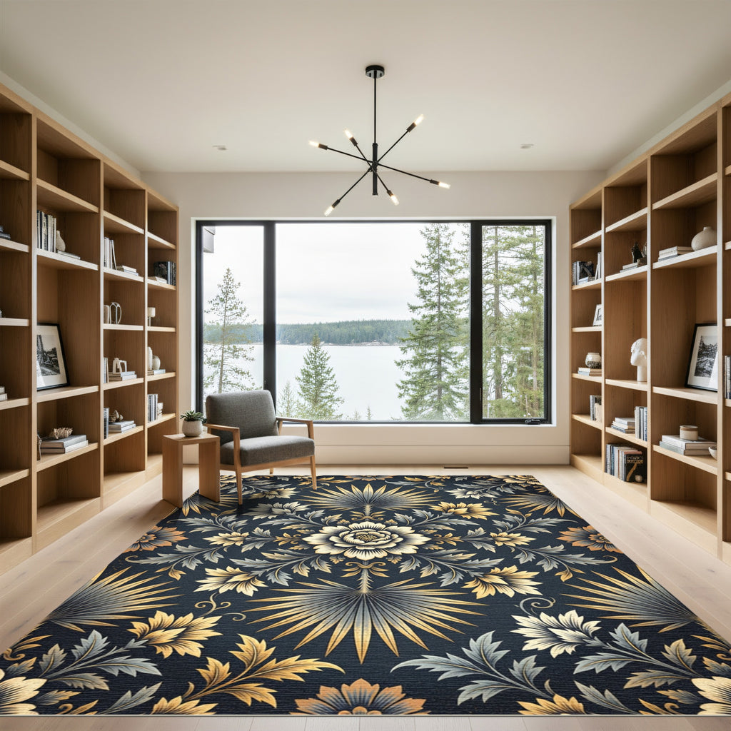 Elegant Gold and Charcoal Botanical Medallion Rug
