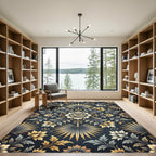 Elegant Gold and Charcoal Botanical Medallion Rug
