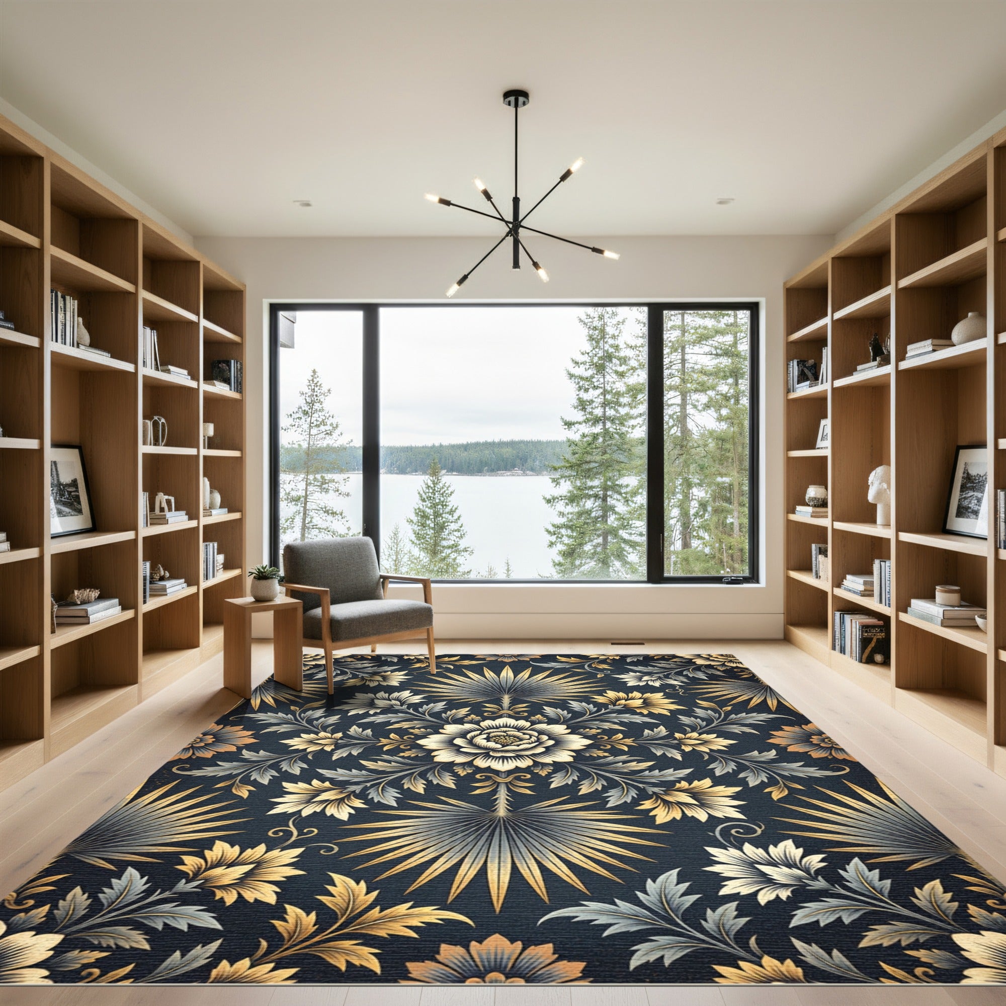 Elegant Gold and Charcoal Botanical Medallion Rug