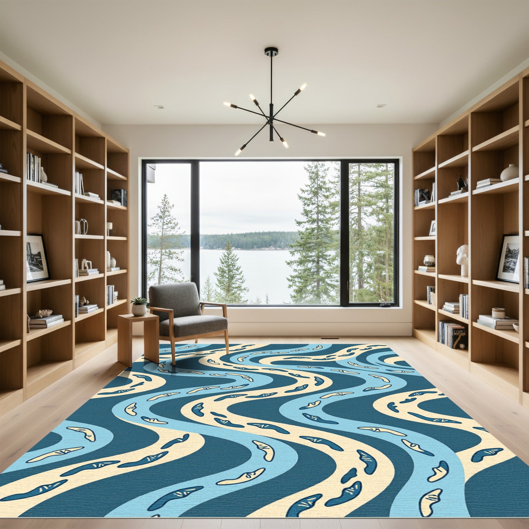 Abstract Navy and Cream Wave Boomerang Rug