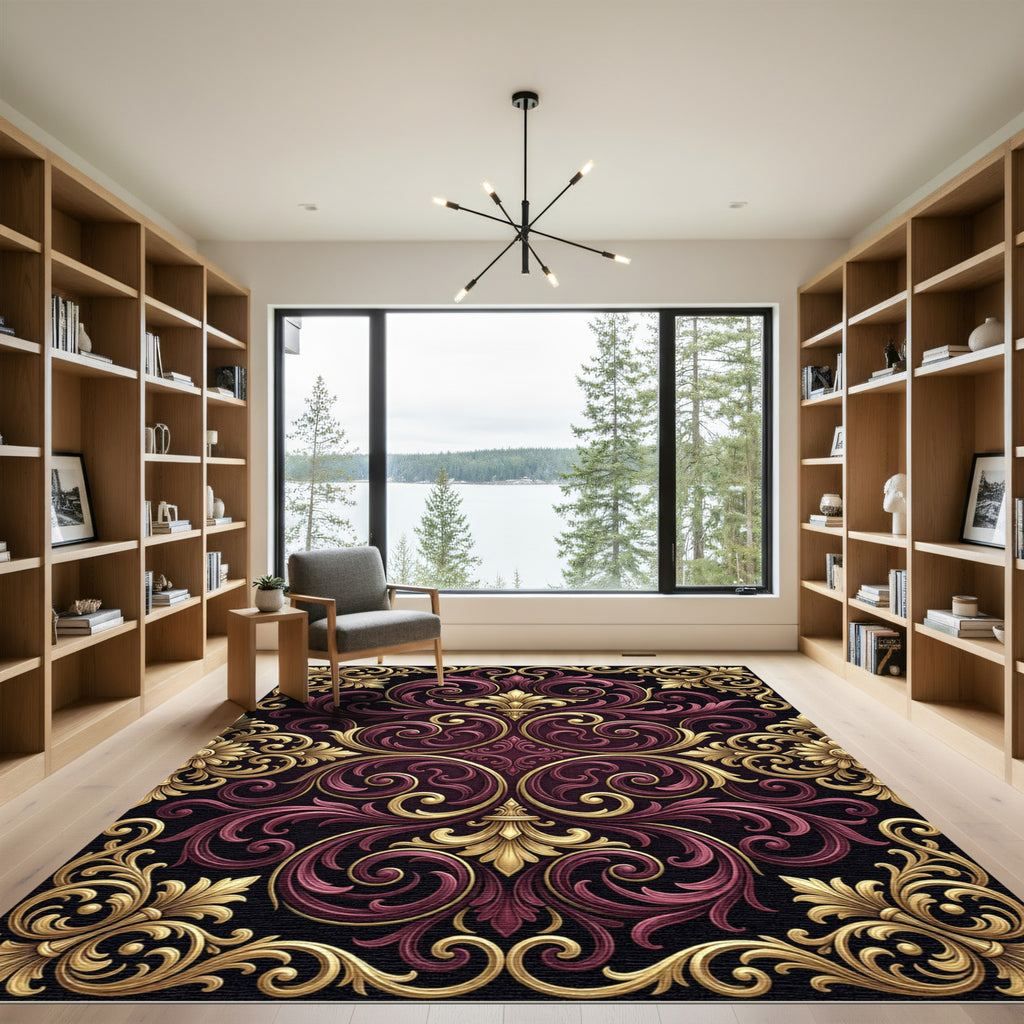 Ornate Burgundy Gold Baroque Scrollwork Rug