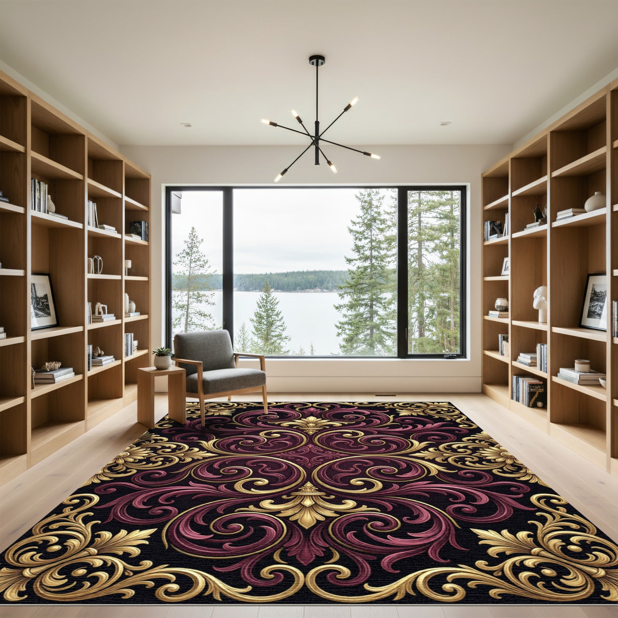 Ornate Burgundy Gold Baroque Scrollwork Rug