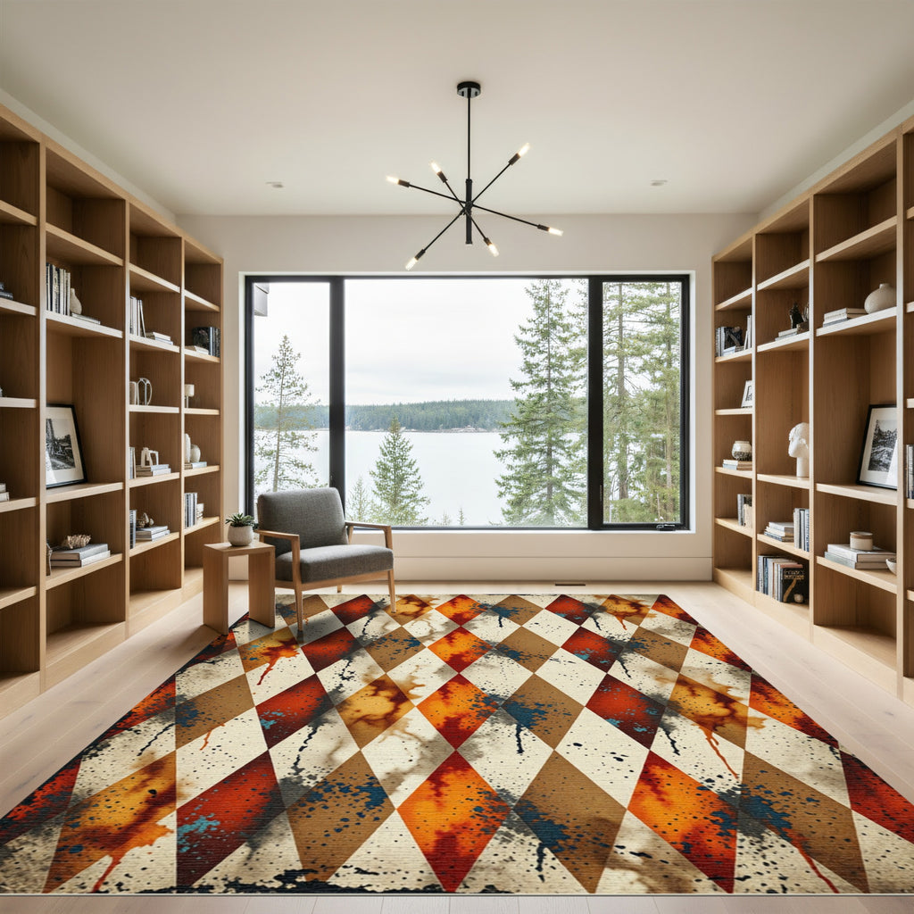 Distressed Ochre and Rust Harlequin Rug