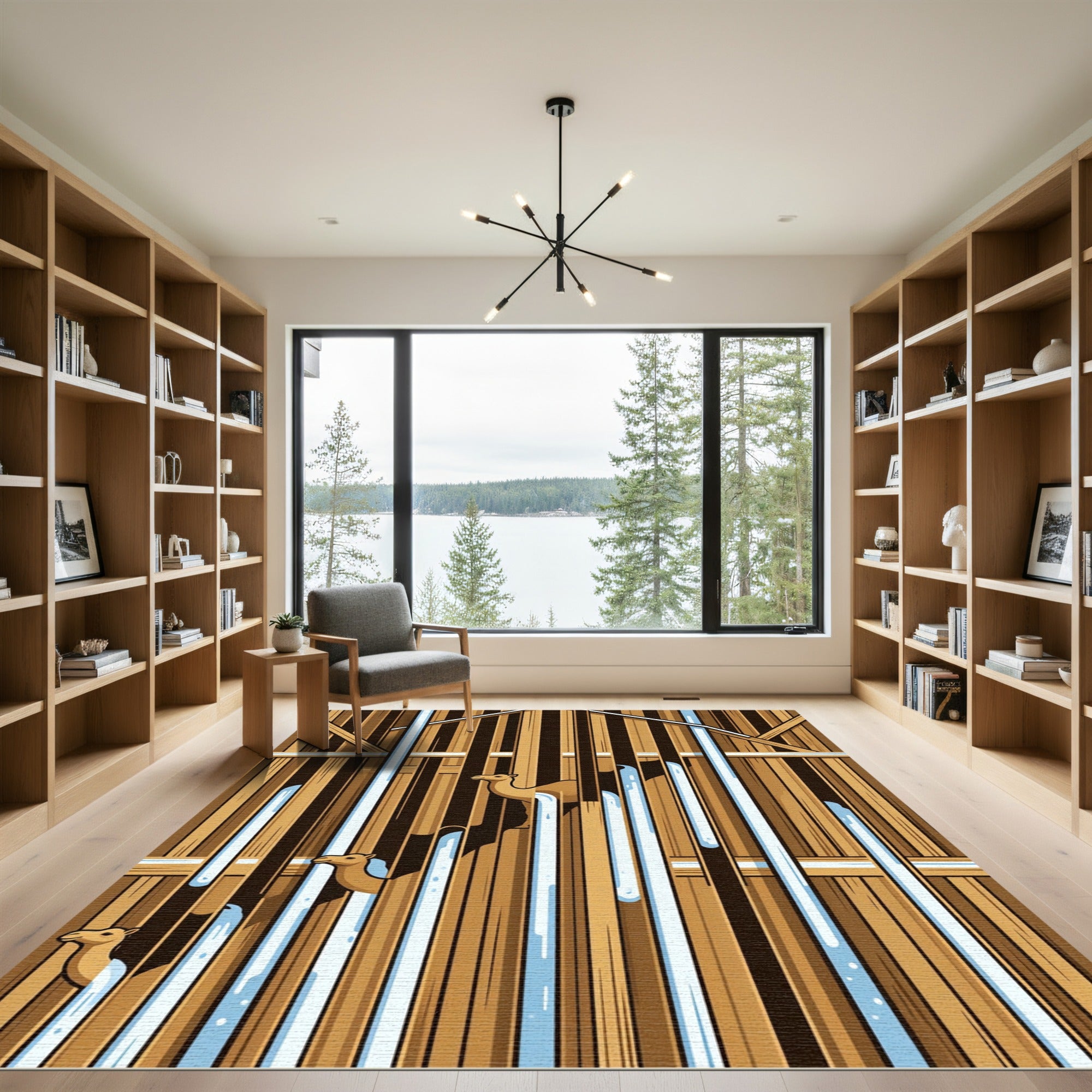 Geometric Camel Silhouette Vertical Stripe Ivory Tan Rug