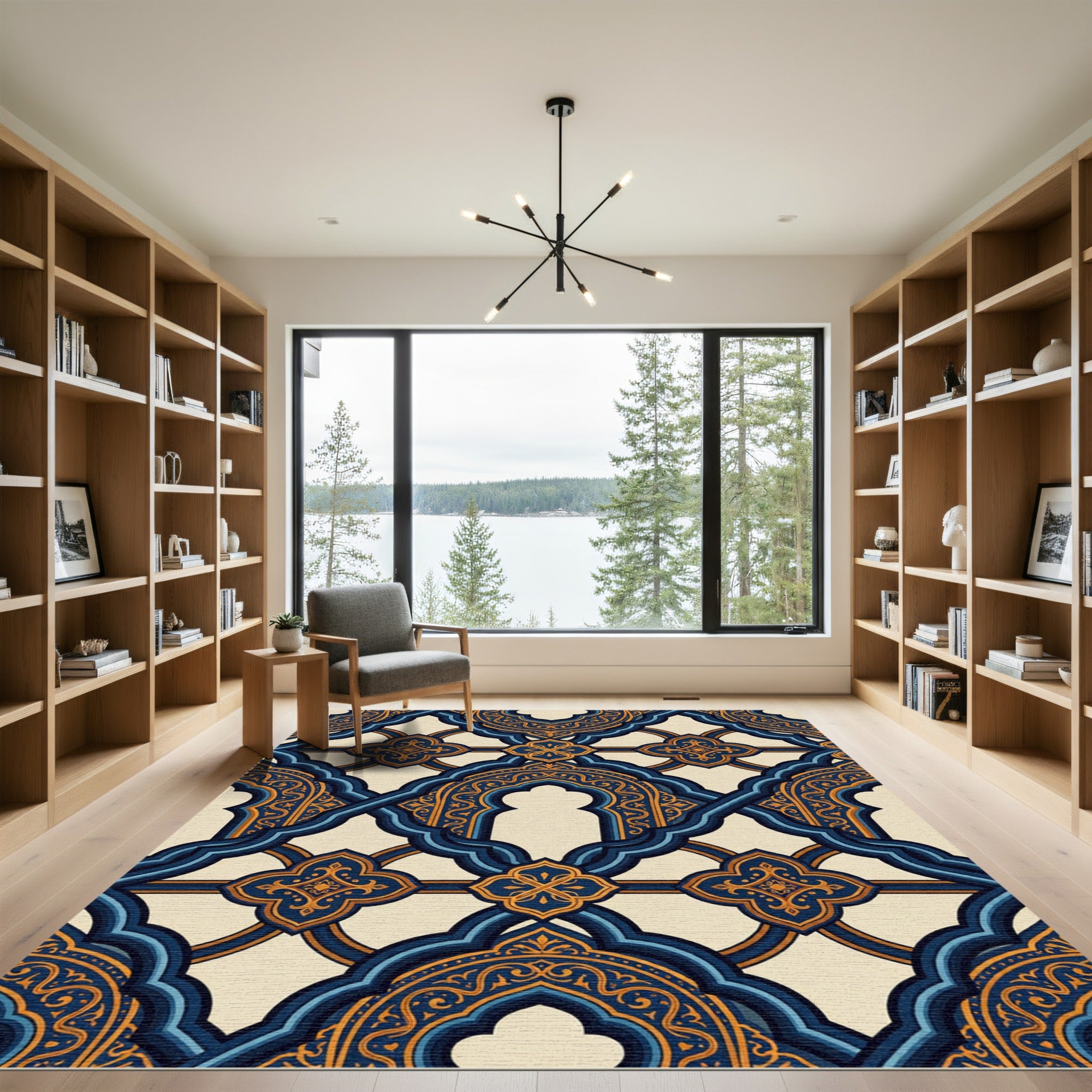 Elegant Blue and Amber Arched Lattice Rug