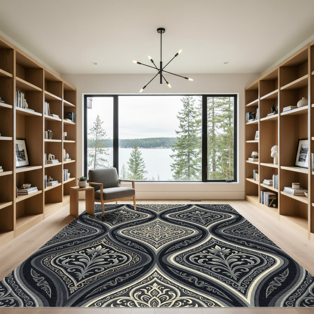 Sophisticated Charcoal Damask Floral Medallion Rug