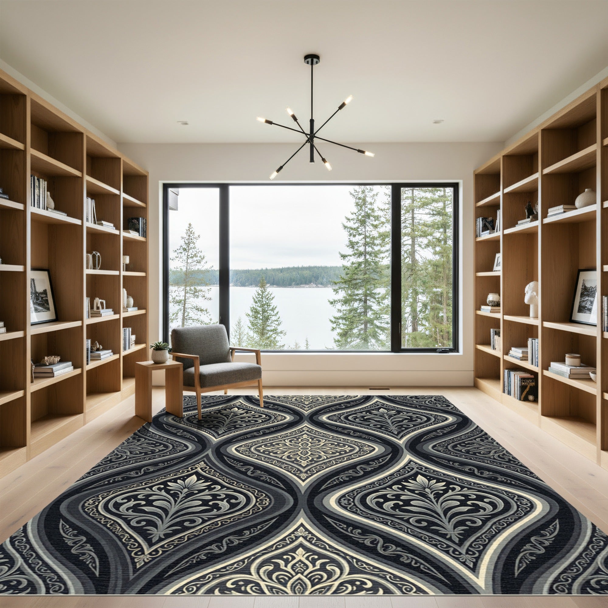 Sophisticated Charcoal Damask Floral Medallion Rug