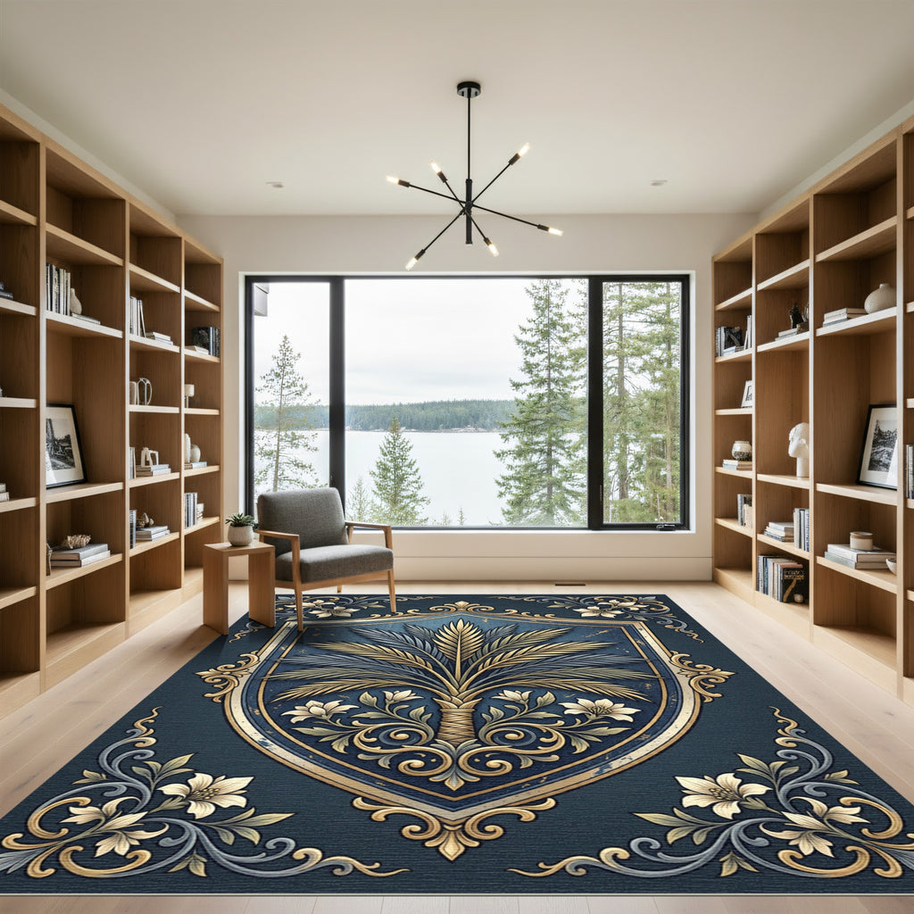 Elegant Gold Palm Crest Navy Ornament Rug