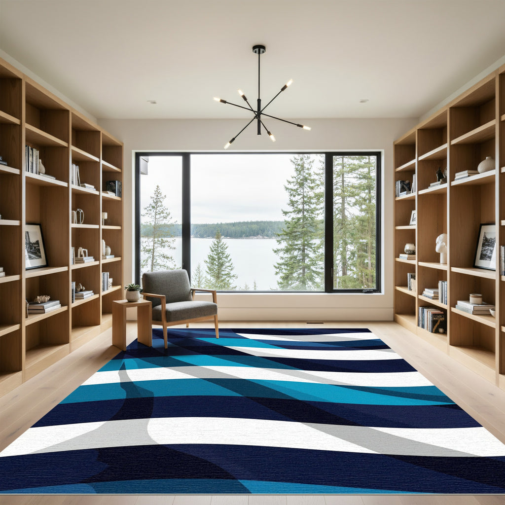 Modern Navy and Cyan Wavy Stripe Rug