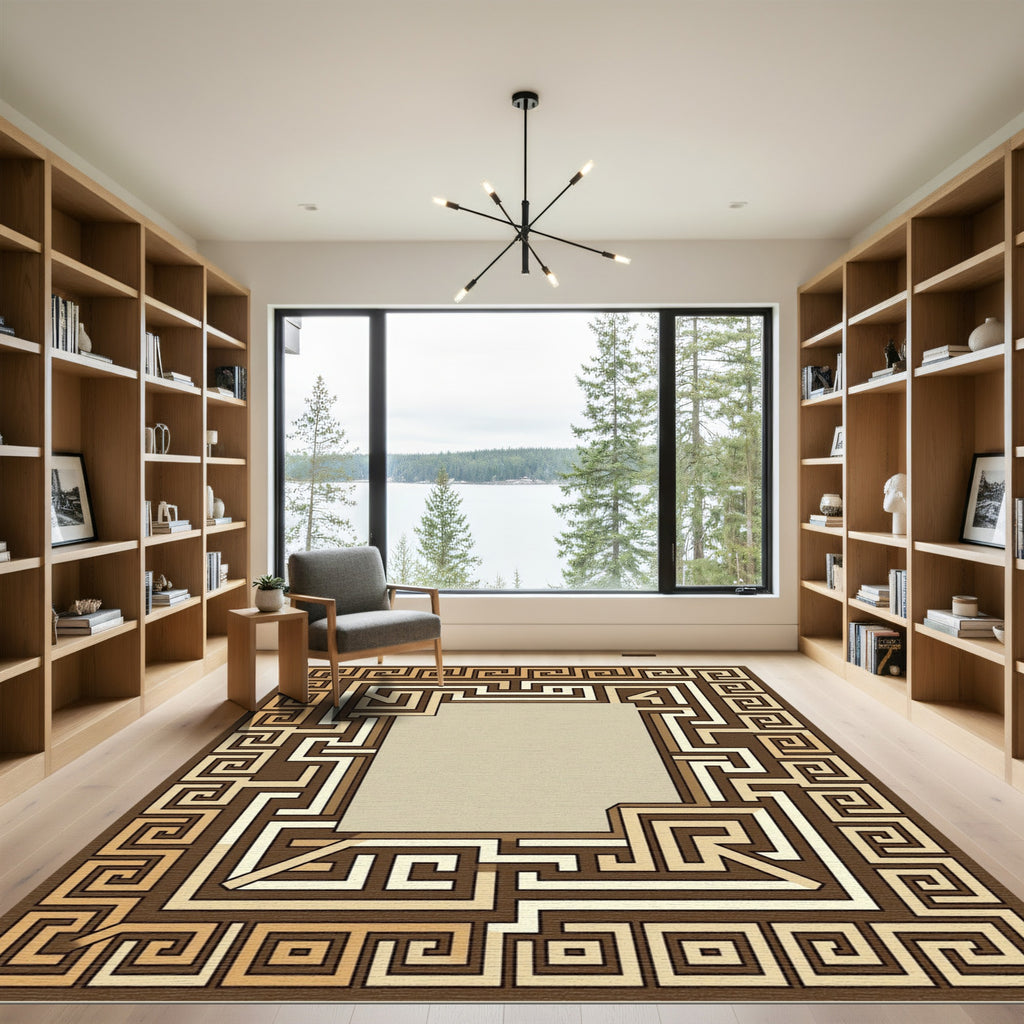 Brown Golden Geometric Maze Border Rug