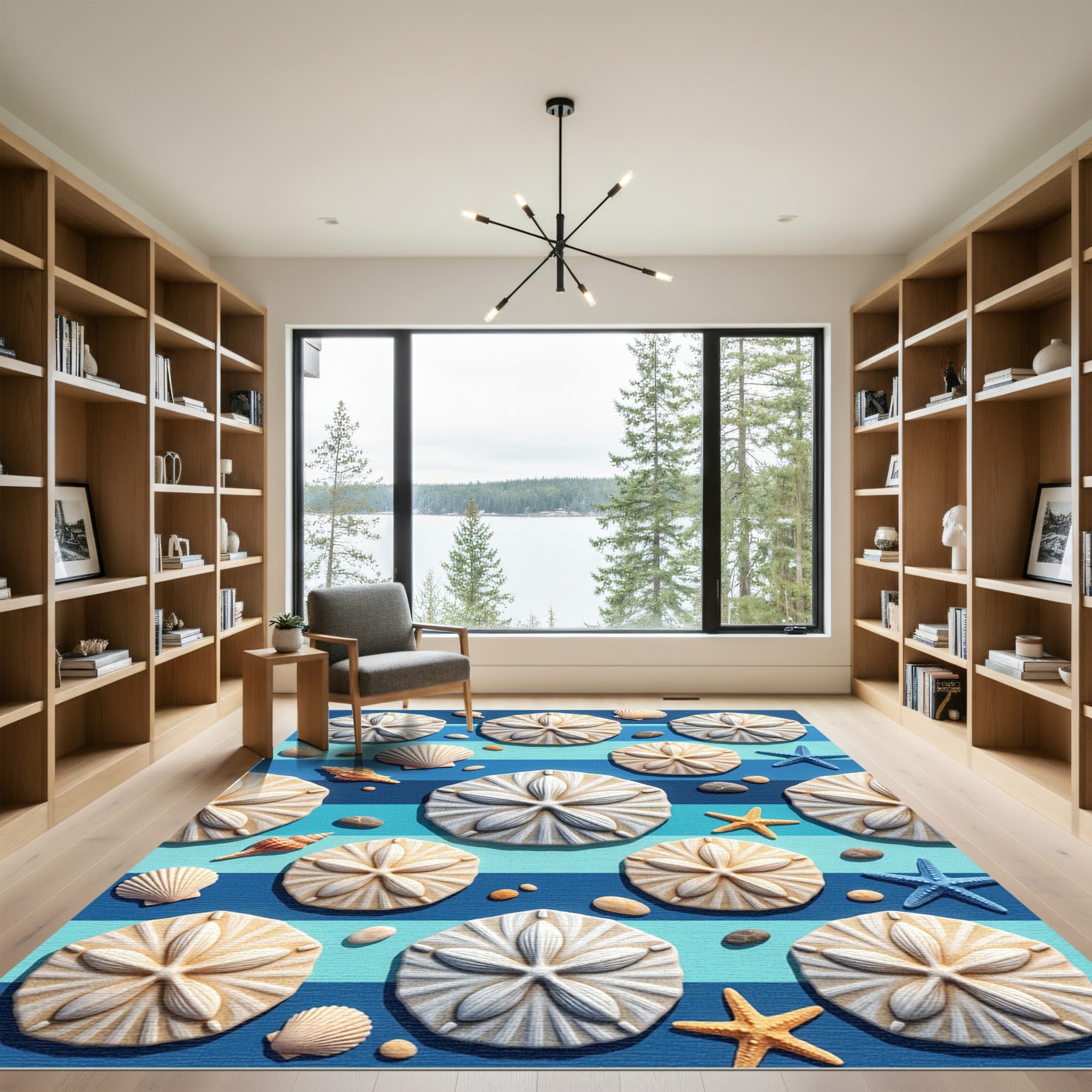 Coastal Blue Striped Sand Dollar Shell Rug