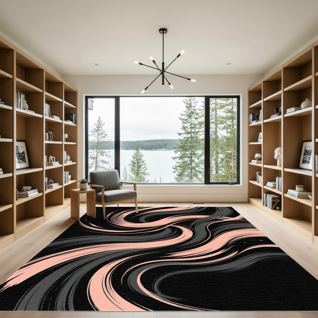 Abstract Pink and Charcoal Swirling Waves Rug