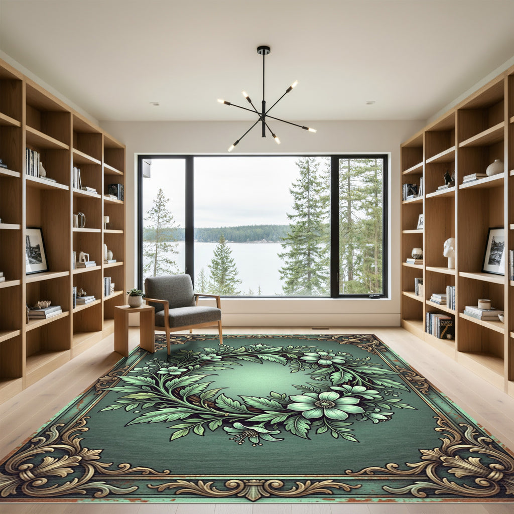 Elegant Sage Floral Wreath Flourish Rug