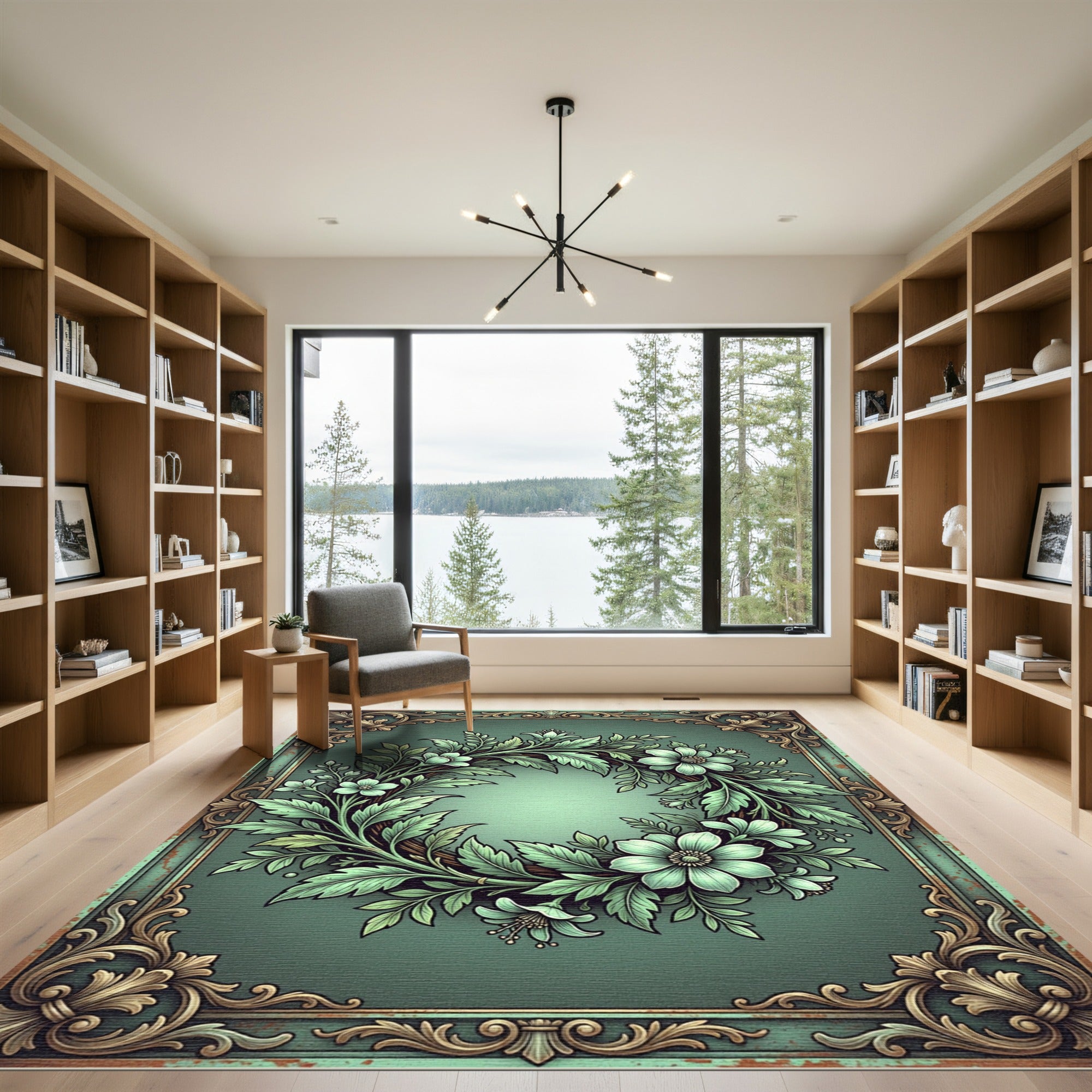 Elegant Sage Floral Wreath Flourish Rug