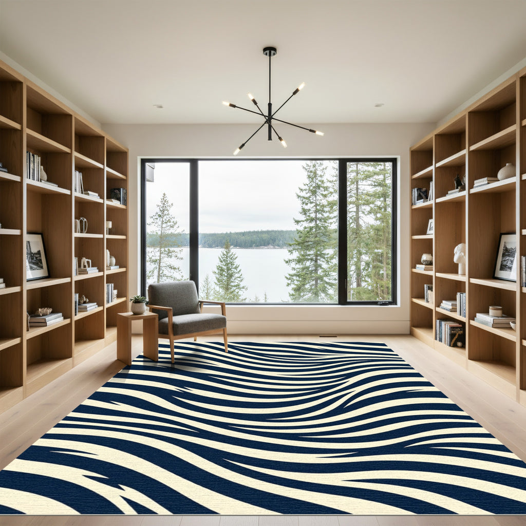 Minimalist Navy and Cream Zebra Wave Rug