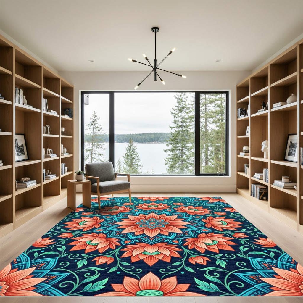 Coral Lotus Mandala Blue Medallion Harmony Rug